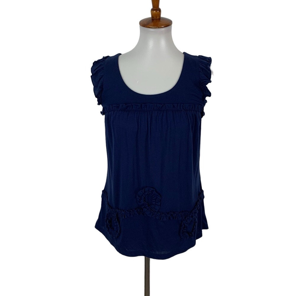 Anthropologie Little Yellow Dot Top Small Blue Short Sleeve Boho Chic